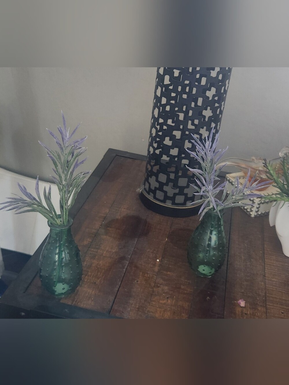 Two Decorative Green Glass Bud Vase with Artificial Lavender Sprigs